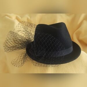Black Wool Felt Hat with netting embellishment
